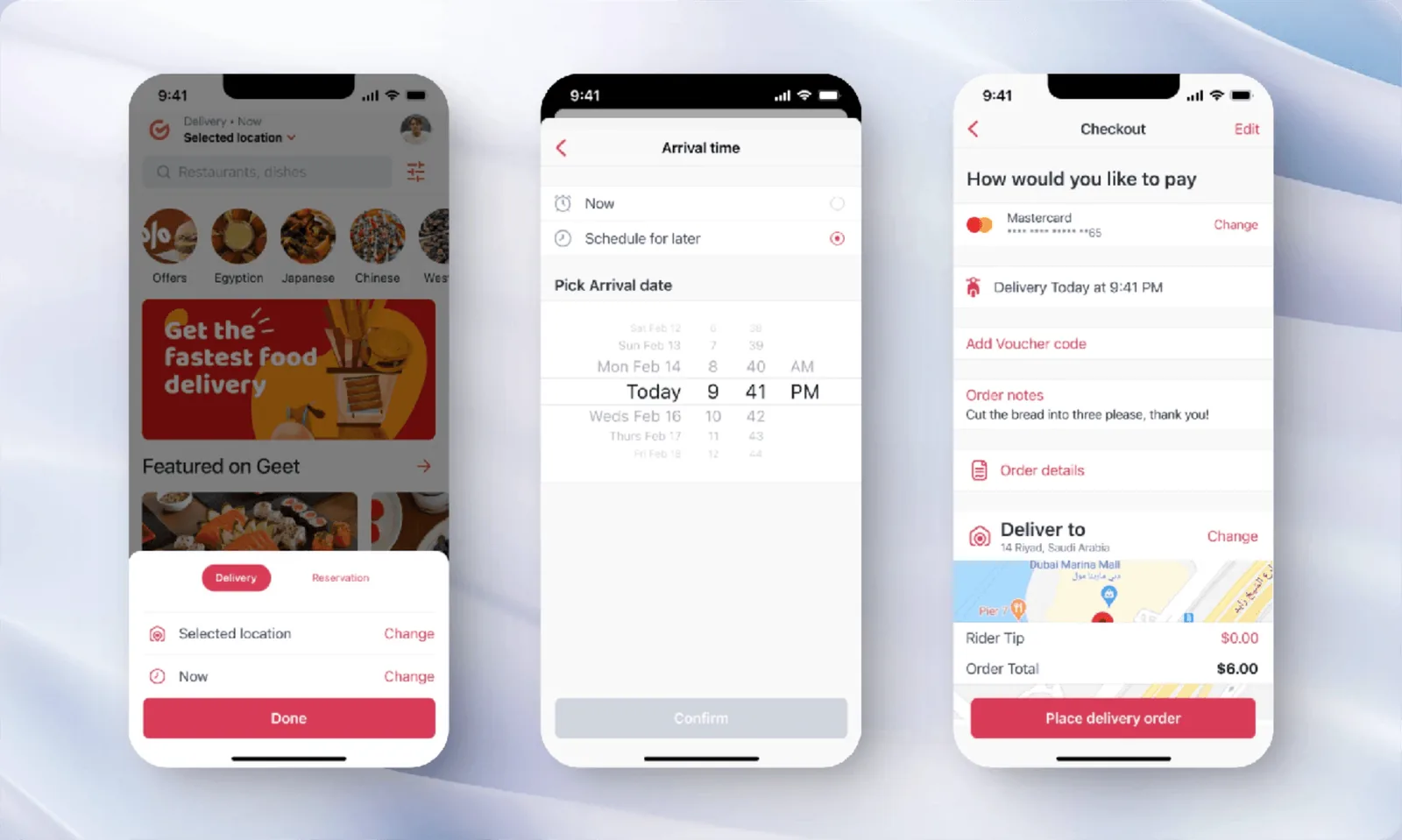 Geet schedule, delivery and checkout screens
